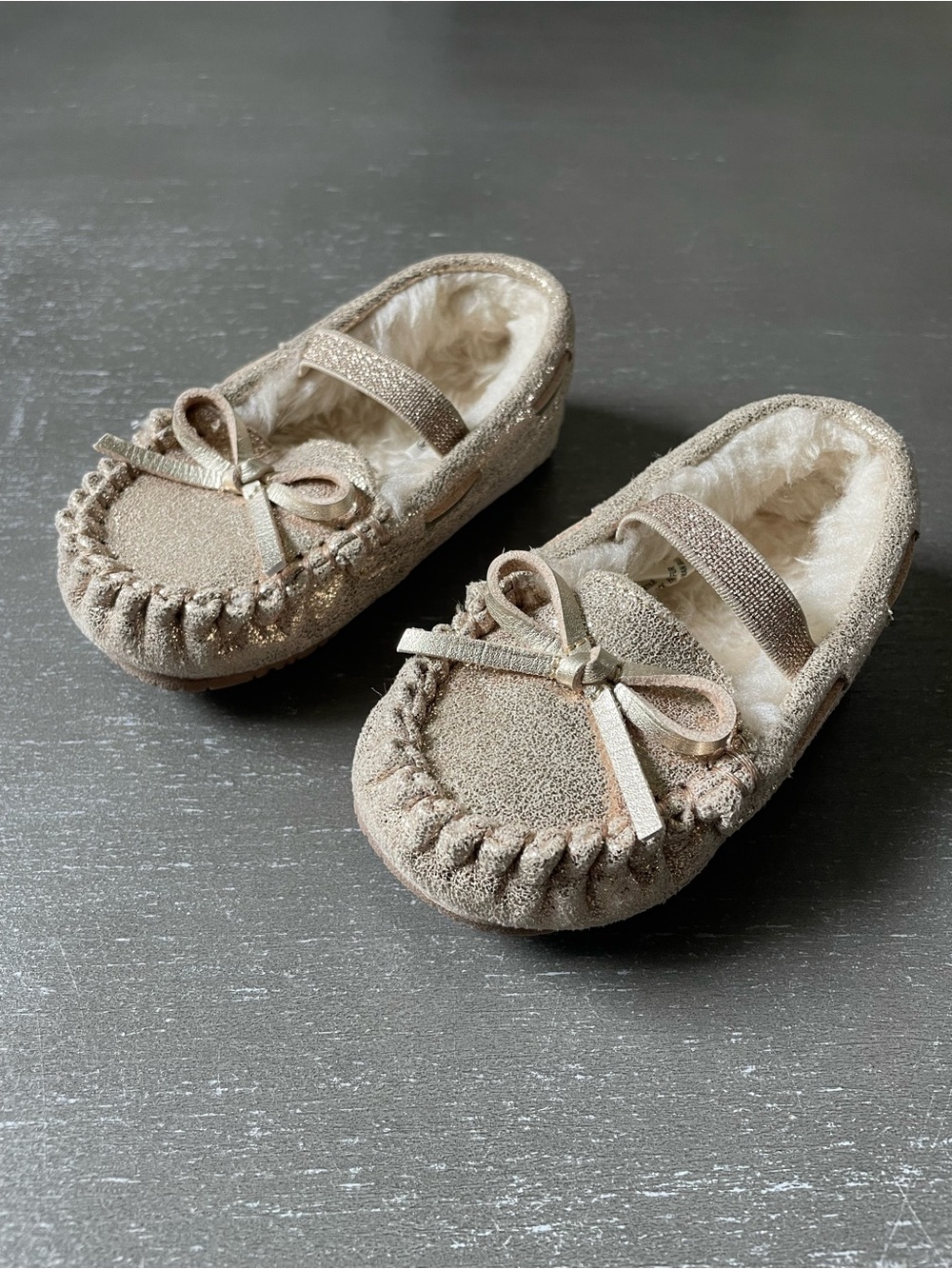 Cat & Jack Shimmery Gold Toddler Moccasin Slippers with Sherpa Lining